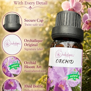 May include: A 10ml (0.33 fl. oz.) amber glass bottle with a black twist-off cap. The label features the text Orchidique ORCHID, a 100% natural graphic, and a purple orchid flower image. The bottle is presented with callouts for the cap and label.