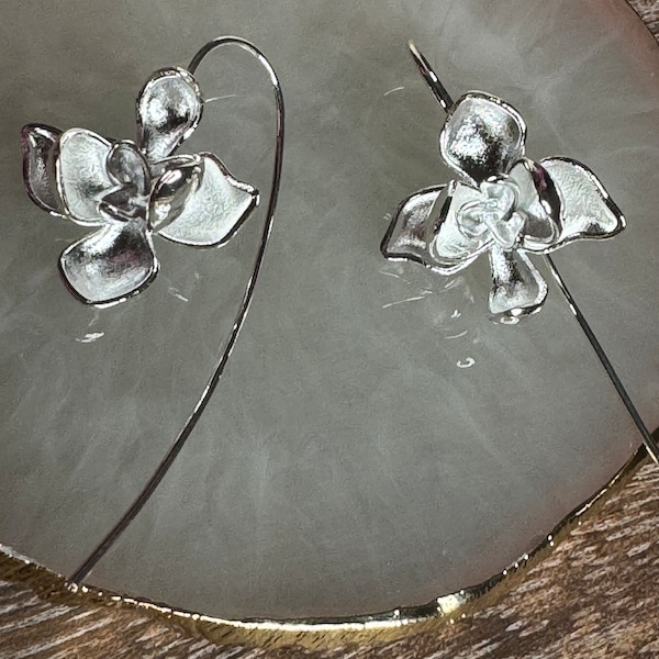 Drama Queen Orchid Earrings, Sterling 925 Silver Flower Orchid, 925 Silver Needle Hoop Dangle Earrings, Bridesmaid, Wedding Jewelry