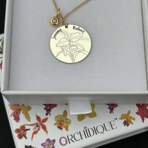 Orchid Necklace -Gold Jewelry Necklace with Orchid Flower: Gold Cattleya Disc Orchid Birthstone Necklace Set • Orchid Flower Pendant