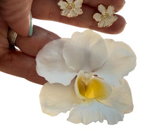 Vanda Joaquim Orchid Earrings: White Enamel Gold Studs, S925 Sterling Silver