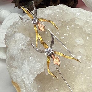 Three Metals Orchid Earrings : Brassavola Orchid Earrings • Sterling Silver Earrings • Gold Earrings • Hoop Earrings • Gift for Her