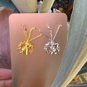 La Mariposa:  Orchid Flower Tone Gold and Silver Dangle Earrings • Psychopsis Earrings •  14KGold- Sterling Silver Flower Jewelry