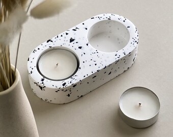 Handmade White Terrazzo Double Tealight Holder: Jesmonite Candle Tray