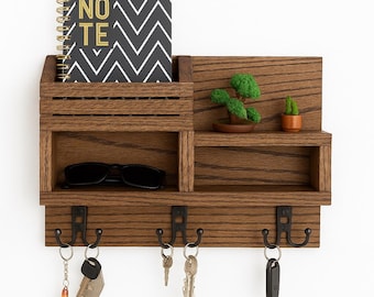 Handcrafted Solid Oak Mail and Key Holder with Shelf - Rustic Entryway Organizer