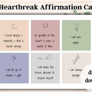 30 tarjetas de Afirmación de Sanación para desamor y salud mental. Descarga digital. Mazos de positividad imprimibles para el cuidado personal y el divorcio.