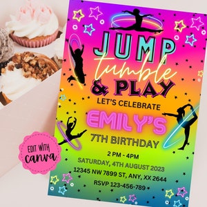 Jump Tumble & Play Gymnastics Birthday Invitation, Editable Template, Girls Rainbow Gymnastics Theme, Birthday Invite,Instant Download