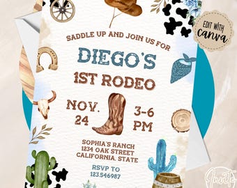 Plantilla de invitación para el primer rodeo, invitación de cumpleaños del lejano oeste, invitación de cumpleaños de un niño vaquero, mi primera invitación de rodeo