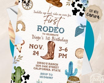 Plantilla de invitación para el primer rodeo, invitación de cumpleaños del lejano oeste, invitación de cumpleaños de un niño vaquero, mi primera invitación de rodeo