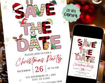 May include: A red and green Christmas party save the date invitation with a buffalo plaid pattern. The text reads "Save the Date" with a gingerbread man, snowman, and reindeer illustrations. The invitation includes the date, time, and location of the party. The text also says "Please join us for a Christmas Party" and "Please RSVP at +123-456-7890".