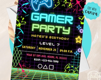 Gamer Party Birthday Invitation, Printable Neon, Glow Boy, Video Game Party, Invite Level Up, Video Game Birthday, Instant Download Template