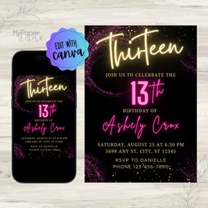 Neon Birthday Invitation, Pink Birthday Invitation, 13th Birthday Invitation, Birthday Invitation, Gold Glitter Pink Neon, 13th Birthday