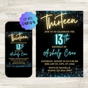 13Th Birthday Invitation for Girl and Boy, Neon Birthday Invitation, Editable Template,13th Birthday Invitation,Teenager Birthday Invitation