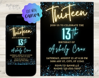 13Th Birthday Invitation for Girl and Boy, Neon Birthday Invitation, Editable Template,13th Birthday Invitation,Teenager Birthday Invitation