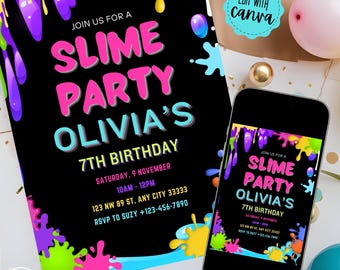 Invito per festa di compleanno con slime, invito modificabile per festa di slime, compleanno con slime al neon, compleanno con slime glitterato, invito per slime