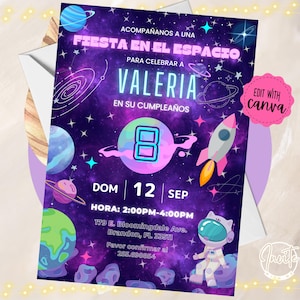 May include: Purple and pink space-themed birthday party invitation with a rocket, planets, and stars. The invitation says "Fiesta en el Espacio" for Valeria's 8th birthday. The party is on September 12th from 2:00 PM to 4:00 PM at 179 E. Bloomingdale Ave., Brandon, FL 33511. RSVP to 255.990054.