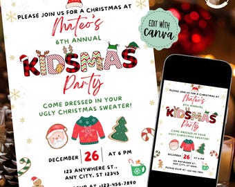 Kidsmas Christmas Invitation, Kids Holiday Party Invitation, Children&#39;s Christmas Party Invite, Editable Christmas Invitation