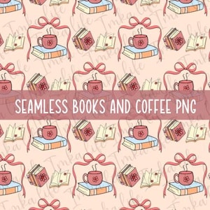 以下が含まれることがあります： 明るいピーチ色の背景に、イラスト入りの本、コーヒーカップ、リボンをあしらったシームレスパターン。本は青と赤、コーヒーカップはピンク色です。「SEAMLESS BOOKS AND COFFEE PNG」の文字が表示されています。