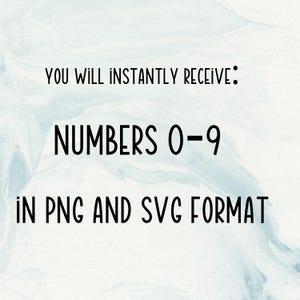 May include: Text on a light blue background reads "YOU WILL INSTANTLY RECEIVE: NUMBERS 0-9 IN PNG AND SVG FORMAT". The text is in a bold, black font.