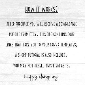 May include: Text on a white wood background explaining how to use a digital product. "HOW IT WORKS: AFTER PURCHASE YOU WILL RECEIVE A DOWNLOADABLE PDF FILE FROM ETSY. THIS FILE CONTAINS FOUR LINKS THAT TAKE YOU TO YOUR CANVA TEMPLATES, A SHORT TUTORIAL IS ALSO INCLUDED. YOU MAY NOT RESELL THIS ITEM AS IS. happy designing"