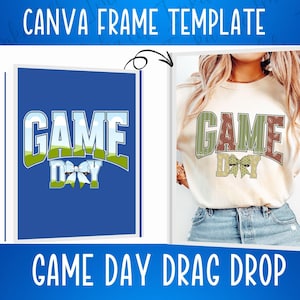 May include: A digital design template for a t-shirt featuring the text "GAME DAY" with a bow. The design is shown on a blue background and on a white t-shirt.