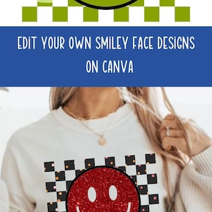 May include: A white sweatshirt with a red glitter smiley face design on a black and white checkered background. The design includes small orange, pink, and black dots.