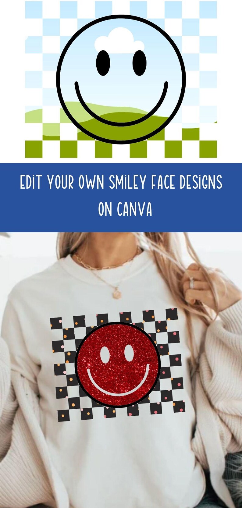 May include: A white sweatshirt with a red glitter smiley face design on a black and white checkered background. The design includes small orange, pink, and black dots.