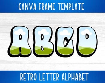 May include: A retro alphabet design with the letters A, B, C, and D. The letters are outlined in black and filled with a blue sky, white clouds, and green grass.