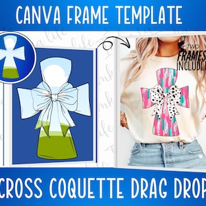 May include: A digital design template for a cross with a bow. The cross is pink, blue, and green with a black and white polka dot bow. The template includes two frames, one with a white background and one with a blue background.