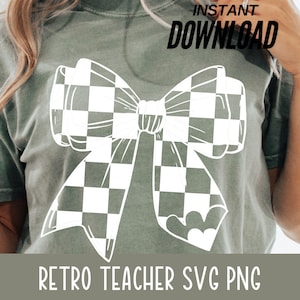 May include: A white and gray checkered bow with a retro design. The bow is on a green shirt with the text "Retro Teacher SVG PNG".