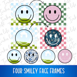 May include: Four different smiley face frames with various backgrounds. The frames include a blue sky with clouds, a pink glitter background, a blue and white floral pattern, and a blue night sky with snowflakes and pine trees.