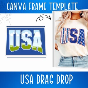 May include: A blue and white graphic design of the word "USA" with a green field and clouds. The graphic is in a frame and is meant to be used as a drag and drop element for a t-shirt design.