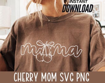 Cherry Mama Bow Ribbon SVG PNG minimalist mom design simple Aesthetic Shirt Sublimation Design Coquette Mother's Day Girly Ribbon Cherries