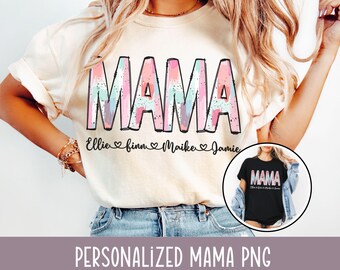 Personalized Mama PNG with kids names Custom Mom Gift Messy Paint Heart on Sleeve Colorful Brushstrokes Custom Design Mothers Day children