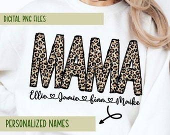 Nombres personalizados Mamá Estampado de leopardo personalizado PNG mamá guepardo mamá regalo personalizado para mamá nombres de niños corazón en la manga