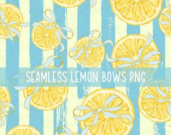 Lemon Seamless Bow Pattern Blue Yellow Stripes Girly Repeat Grunge Ribbon Citrus Preppy Retro Digital Summer Paper PNG Design Commercial Use
