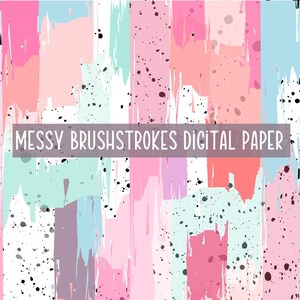 May include: Abstract digital paper with a messy brushstroke pattern in pink, light blue, and green colors. The background is white with black speckles.