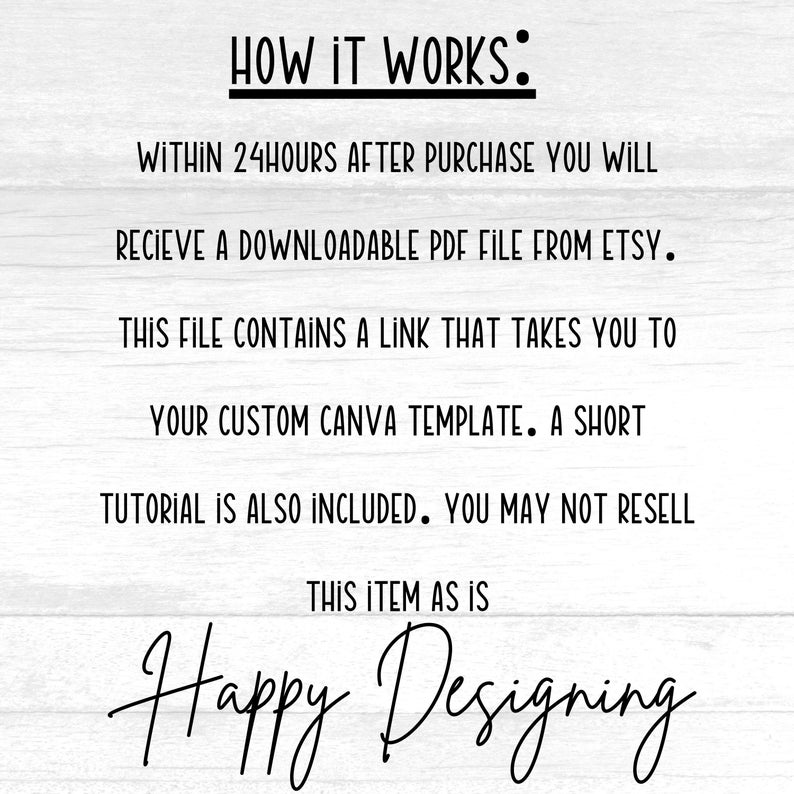 Pode incluir: Fundo branco com texto preto que explica o processo de recebimento de um arquivo PDF para download do Etsy. O texto inclui "HOW IT WORKS:" e "Happy Designing" em it&aacute;lico.