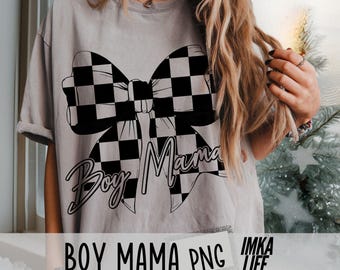 Retro Boy Mama Coquette PNG Diseño de mamá a cuadros Mamá de niños Sublimación Lazo Día de la Madre PNG Tablero de cuadros Vintage Camiseta de maternidad Suéter