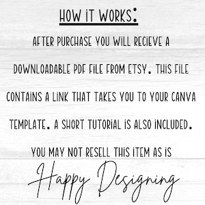 May include: Text explaining how to use a downloadable PDF file to access a Canva template. The text includes the phrase "HOW IT WORKS:" and "Happy Designing".