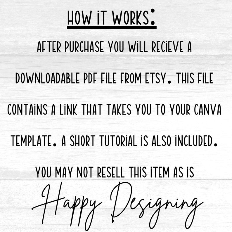 May include: Text explaining how to use a downloadable PDF file to access a Canva template. The text includes the phrase "HOW IT WORKS:" and "Happy Designing".