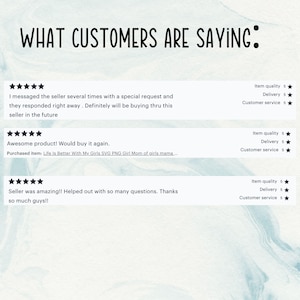May include: Image features customer reviews with a five-star rating for item quality, delivery, and customer service. Text reads: "WHAT CUSTOMERS ARE SAYING." Reviews praise the seller's responsiveness and product quality.