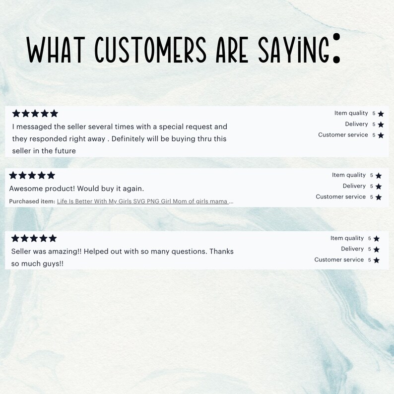 May include: Image features customer reviews with a five-star rating for item quality, delivery, and customer service. Text reads: "WHAT CUSTOMERS ARE SAYING." Reviews praise the seller's responsiveness and product quality.