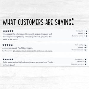 May include: Screenshot of customer reviews for a digital product. The reviews are all five stars and praise the seller for their responsiveness and the quality of the product. The product is described as "Life Is Better With My Girls SVG PNG Girl Mom of girls mama..."