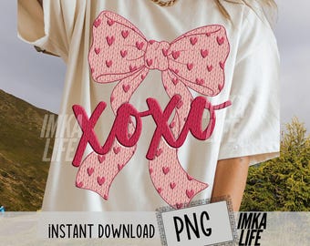 XOXO Faux Yarn valentine Coquette Bow Pink hugs and kisses trending heart Valentines Day Design Cozy Crochet Knit Print Girly Png File