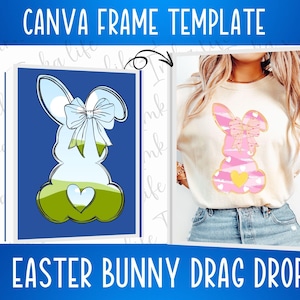 May include: A digital design template for an Easter bunny with a blue bow and a green heart. The design is on a blue background and is ready to be used in a drag and drop design program like Canva.