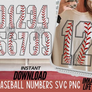 May include: Baseball-themed numbers 0-9 with red stitching on a white background. The numbers are outlined in black. The image also shows the number 12 on a cream-colored shirt. The words "Instant Download Baseball Numbers SVG PNG" are displayed.