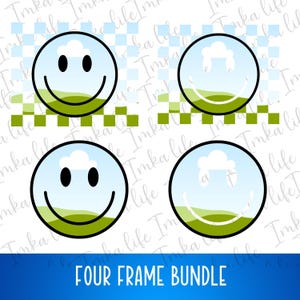 May include: Four digital frames featuring a smiling face with a cloud and green grass on a blue background. The frames are set against a checkered background.
