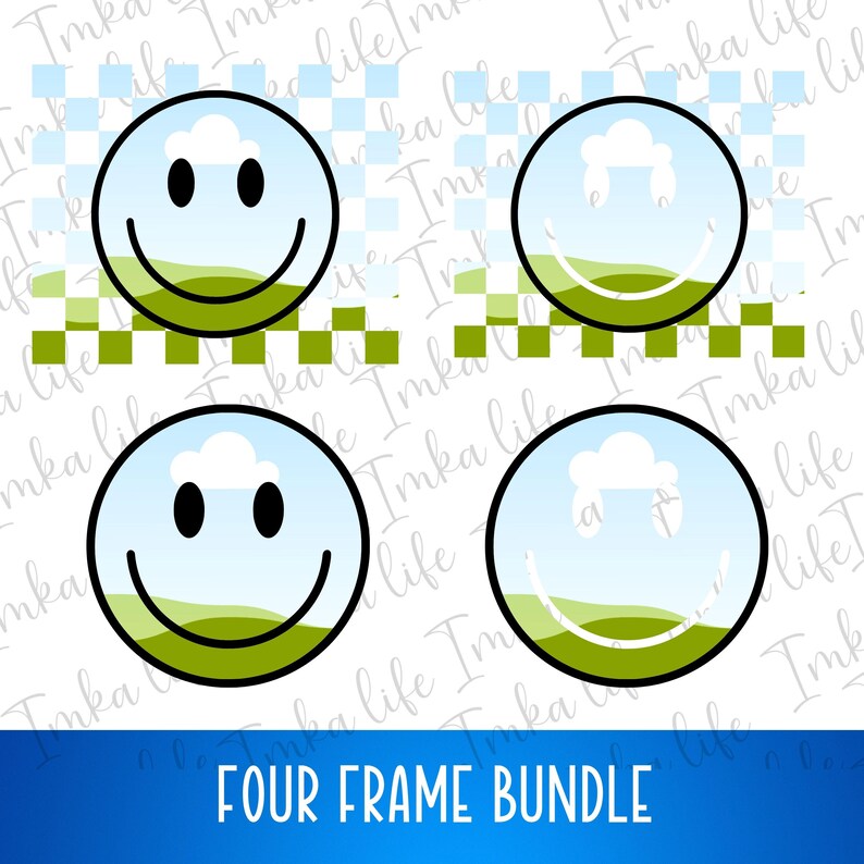 May include: Four digital frames featuring a smiling face with a cloud and green grass on a blue background. The frames are set against a checkered background.