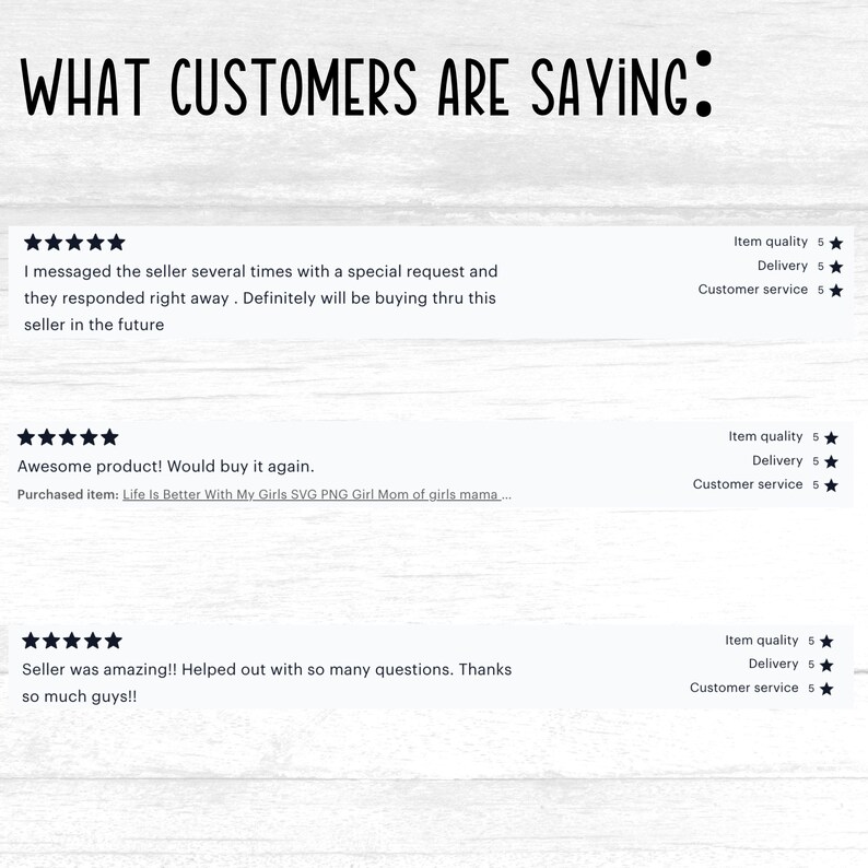 May include: A screenshot of customer reviews for a digital product. The reviews are all positive and include five-star ratings. The reviews highlight the seller's responsiveness and the quality of the product.