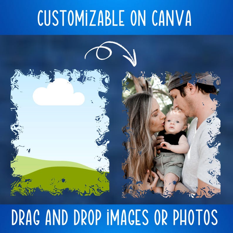May include: A digital design template with the text "CUSTOMIZABLE ON CANVA" and "DRAG AND DROP IMAGES OR PHOTOS". The template features a family photo and a landscape illustration within decorative frames, set against a dark blue background.